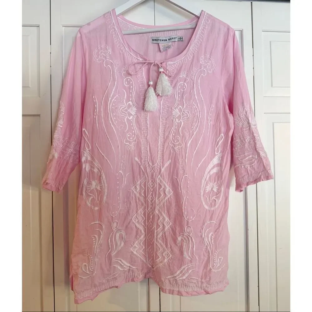Gretchen Scott pink embroidered tassel tie tunic blouse size large